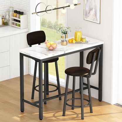 AWQM 3 Piece Bar Table Set of 2,39.3" Pub Bar Table and Chairs Set,Faux Marble Bar Height Table with 2 Backrest Stools,Small Dining Table for 2,Kitchen Table Set for Small Space,White & Brown(2 Set) - color: White