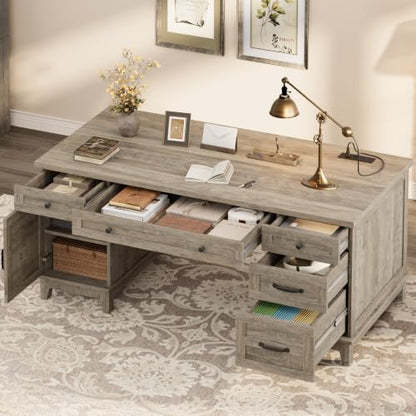 Garvee 60" Wooden Home Office Desk with File Drawers, Executive Desk with Adjustable Cabinet, Farmhouse Wood Desk with Power Outlet, Distressed Study and Work Table, Rustic Grey - color: Rustic Grey, size: 60" W