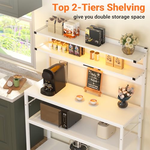 Aheaplus Bakers Rack with Power Outlet, Microwave Stand, 5 Tiers Coffee Bar Station with Led Lights, Kitchen Storage Shelf with 6 S-shaped Hooks, Kitchen Rack Coffee Bar Stand, White - color: White, size: 31.5 inch