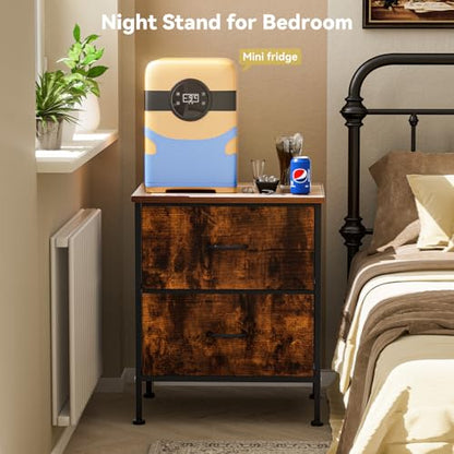 Industrial Nightstand with 2-Drawer Storage, Rustic Brown End Table with Metal Frame, Small Fabric Dresser for Bedroom, Living Room, Office, Easy Assembly