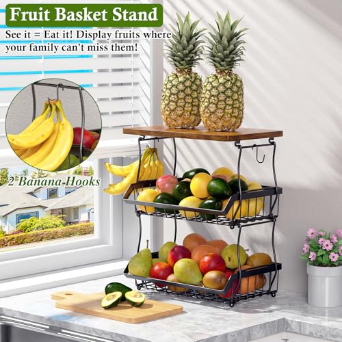 OKZEST 3-Tier Fruit Basket Fits Between Countertop & Upper Cabinet, 16.8" H | Includes wood top & banana hangers, Stackable kitchen countertop organizer, Holds potato, onion, bread, snack, fruit, veggie - size: 3-Tier (With wood top)