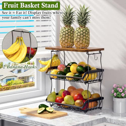 OKZEST 3-Tier Fruit Basket Fits Between Countertop & Upper Cabinet, 16.8" H | Includes wood top & banana hangers, Stackable kitchen countertop organizer, Holds potato, onion, bread, snack, fruit, veggie - size: 3-Tier (With wood top)