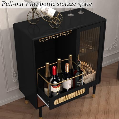ARTPOWER Modern Coffee Bar Cabinet with Pull-Out Wine Storage, Black | Bar Cart with Wine Glass Rack and Drawers, Liquor Cabinet for Kitchen, Dining Room, Living Room - color: Black