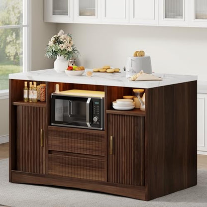 Kitchen Island with Storage, Island Table for Kitchen with Power | Outlet & LED Light, Coffee Bar Cart Rolling Buffet Cabinet with Fluted Sliding Door, 2 Drawers, Large Countertop, Walnut - color: Walnut