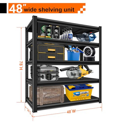 Metal Storage Garage Shelving - 5 Tier 48'' Wide 3000 Lbs Heavy Duty Utility Shelves Freestanding - Adjustable Rack Units for Kitchen Pantry Basement - 48" W x 24" D x 78" H Black - size: 48"Wx24"D-5T