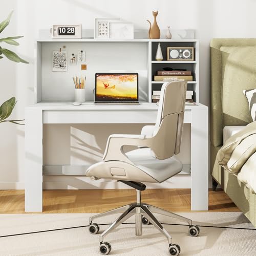 Tangkula 48“ Computer Desk with Hutch, Home Office Writing Study Desk with Storage Shelves, Cable Management Hole, Laptop Desk, Desk for Bedroom, Computer Workstation (White) - color: White