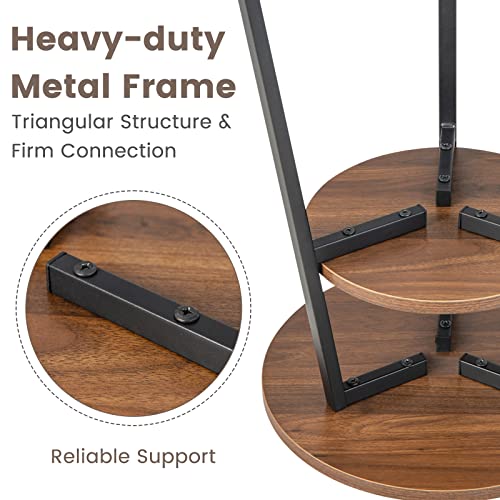 Giantex Round End Table Set of 2, Retro Bedside Table with Open Storage Shelf & Sturdy Triangular Metal Frame, Versatile Accent Table for Bedroom, Living Room & Study, Easy Assembly (2, Walnut)