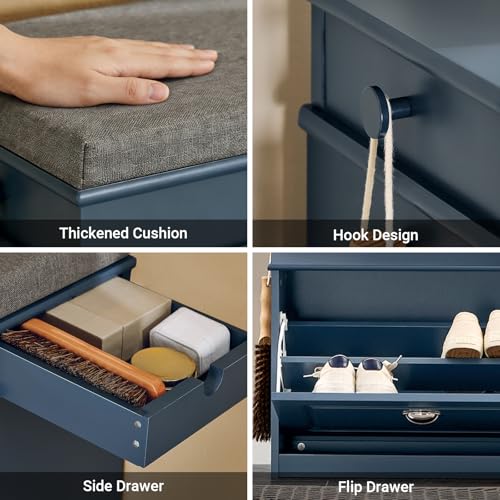 Haotian Small Shoe Storage Bench, Narrow Shoe Cabinet Entryway with 1 Flip-Drawer and Seat Cushion, Mini Shoe Rack Hallway Entrance Mudroom, Navy Blue FSR82-K-B - color: Navy, size: 1 Drawer:24x9.4x20"