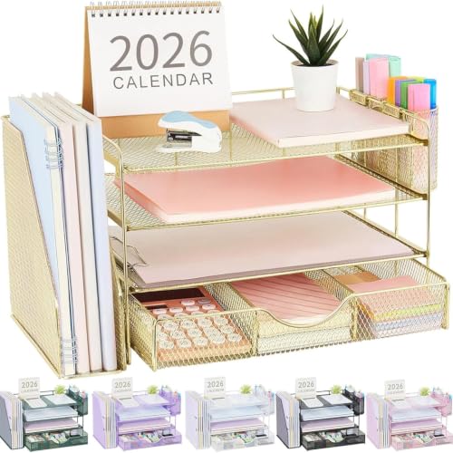 gianotter Desk Organizers and Accessories with File Holder, 4-Tier Desk Accessories & Workspace Organizers with Drawer and 2 Pen Holder, Paper Organizer for Office Supplies(Gold) - color: Gold, size: 4T