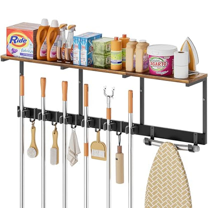 Broom Holder Wall Mount with Cleaning Supplies Organizer, Laundry Room Organization and Storage Shelves with Ironing Board Holder, Mop Hanger Broom Rack with Hooks, Home Improvement Garage Organizer - size: Extra Large