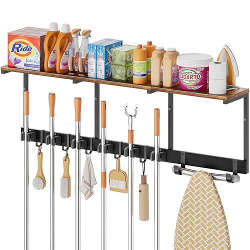 Broom Holder Wall Mount with Cleaning Supplies Organizer, Laundry Room Organization and Storage Shelves with Ironing Board Holder, Mop Hanger Broom Rack with Hooks, Home Improvement Garage Organizer - size: Extra Large