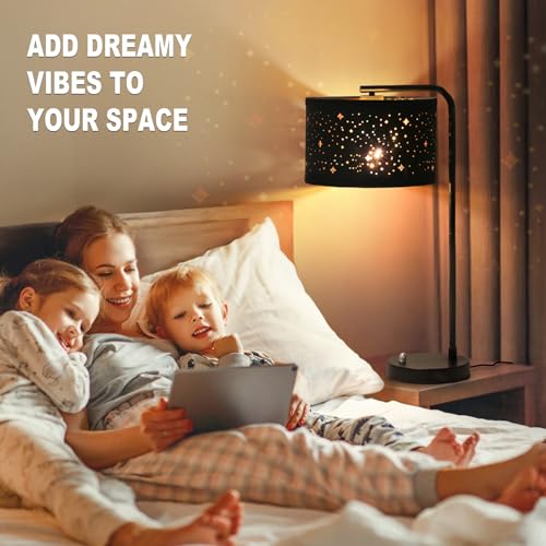 Bedside Table Lamp with USB C+A Ports, Fully Dimmable Modern Nightstand Side Lamps with Stars Shade, Tall Desk Reading Lamps for Living Room Bedroom 3000k LED Bulb Included - color: Black Base with Stars Shade