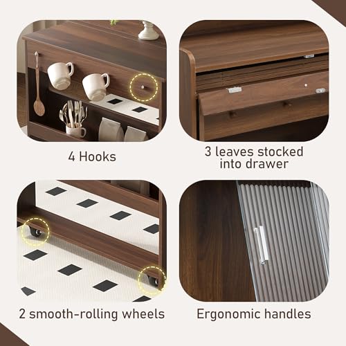 Spaco 2-in-1 Folding Dining Table and Buffet Cabinet Set,Compact Pull-Out Kitchen Table with Wheels,Storage Shelf and Side Hooks,Multifunctional Cupboard for Small Place (Walnut) - color: Walnut