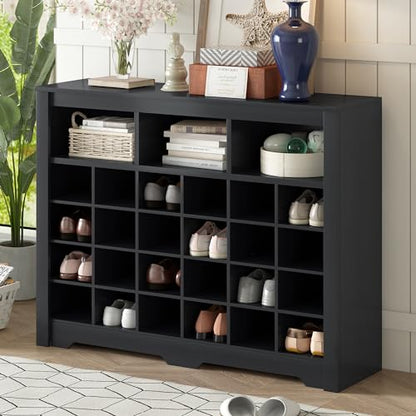 Harper & Bright Designs Sleek Design 24 Shoe Cubby Console, Modern Shoe Cabinet with Curved Base, Versatile Sideboard for Hallway, Bedroom, Living Room, Black - color: Black, size: 35''