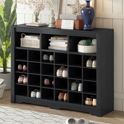 Harper & Bright Designs Sleek Design 24 Shoe Cubby Console, Modern Shoe Cabinet with Curved Base, Versatile Sideboard for Hallway, Bedroom, Living Room, Black - color: Black, size: 35''