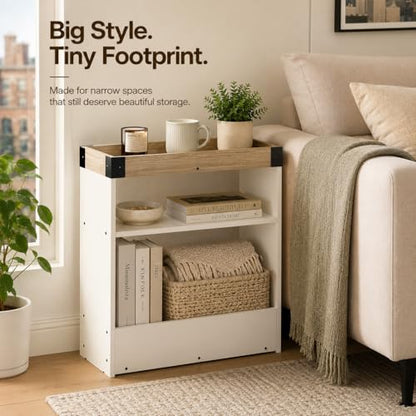 Farmhouse Narrow Side Table with Tray Top & Magazine Rack, Oak & White Sofa Couch Side Table with Storage Shelf, 24" Slim End Table for Small Spaces, Modern Nightstand for Bedroom, Living Room - color: White & Oak