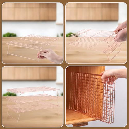 Cooling Rack for Baking 3 Tiers, 16" x 10" Cookie Cooling Wire Rack Stackable Collapsible Nonstick, Stainless Steel Baking Cooking Cooling Racks with Optimum Air Flow, Rose Gold - color: Rose Gold, size: 16"x10"-3Tier