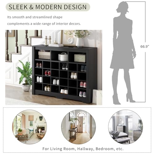Harper & Bright Designs Sleek Design 24 Shoe Cubby Console, Modern Shoe Cabinet with Curved Base, Versatile Sideboard for Hallway, Bedroom, Living Room, Black - color: Black, size: 35''