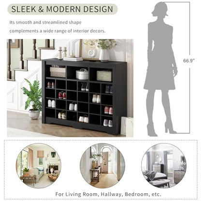 Harper & Bright Designs Sleek Design 24 Shoe Cubby Console, Modern Shoe Cabinet with Curved Base, Versatile Sideboard for Hallway, Bedroom, Living Room, Black - color: Black, size: 35''