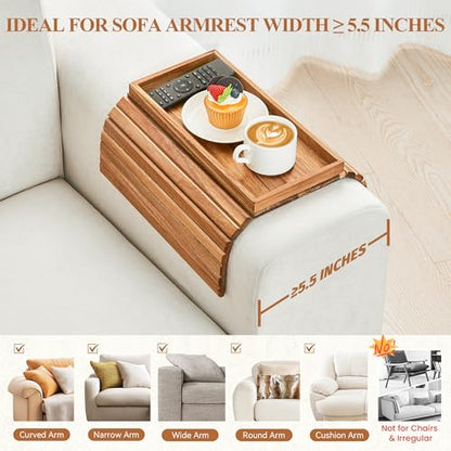 GEHE Acacia Wood Sofa Arm Tray, Foldable Couch Arm Tray Side Table, Anti-Falling Armrest Tables Cup Holder for Snacks, Drinks, Beers, Phone, Control, Flexible and Portable, Anti-Slip - color: Acacia Wood