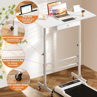 COMHOMA Small Standing Desk Adjustable Height Small Computer Desk Mobile Portable Rolling Laptop Table with Wheels 32" Computer Workstation Sit Stand Desks Portable Standing Table Treadmill desks - color: Cf-white