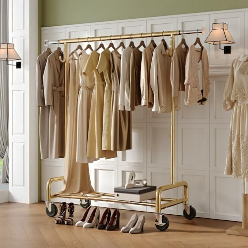 Raybee 75" W Heavy Duty Clothes Rack Load 450 LBS, Metal Garment Storage with Shelf, Lockable Wheels & Anti-Slip Stoppers, Rolling Clothing Rack for Bedroom Laundry Room, Gold - color: Gold, style: Rod Shelf