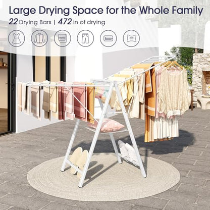 Clothes Drying Rack, 67.7" L Height Adjustable, Foldable, White | 1.5"Folded, No Assembly, Space-Saving, Spacious Design, Adjustable Wings, Clips, Mesh Shelf, Shoe Rack, Indoor & Outdoor Use - color: White