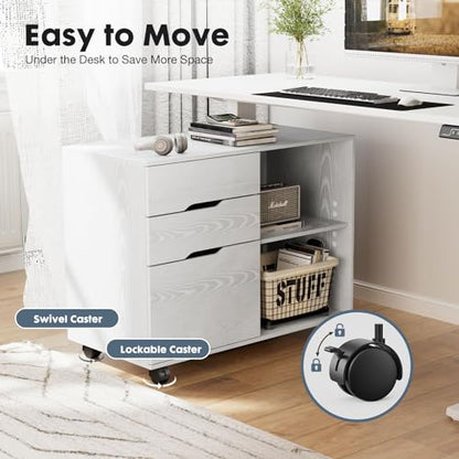 DUMOS File Cabinet with 3 Drawers, Wood Under Desk Storage Printer Stand | Rolling Lateral Filing Cabinet with Adjustable Shelves for Home Office Study Organizatiom, Classic White - color: Classic White