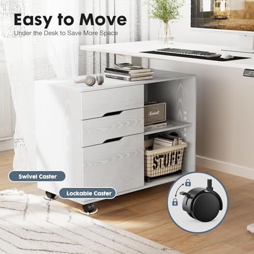 DUMOS File Cabinet with 3 Drawers, Wood Under Desk Storage Printer Stand | Rolling Lateral Filing Cabinet with Adjustable Shelves for Home Office Study Organizatiom, Classic White - color: Classic White