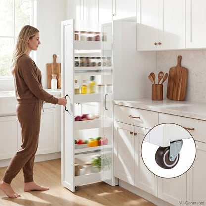 6-Tier Slim Mobile Shelving Cart with Wheels, Rolling Pantry Cabinet with 6 Baskets, Narrow Pull-Out Utility Cart, Space Saving Storage Organizer for Kitchen Living Room Bathroom Narrow Spaces, White - size: White & 11.81"D x 15.75"W x 70.87"H