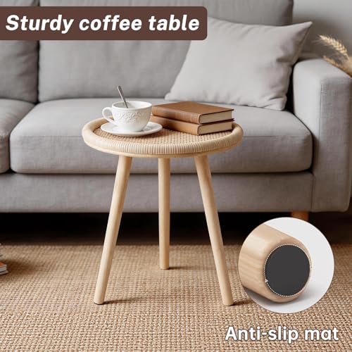Small Side Table, Rattan Round Coffee Table, Boho Circle Side Tables End Table for Living Room, Mid Century Accent Table for Bedroom Balcony - color: Wood