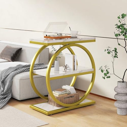 IBUYKE Narrow End Table with 3 Storage Shelves, Industrial Sofa Side Table, Double Round Metal Frames, Slim Nightstand and Bedside Table for Bedroom, Living Room, White with Gold UTMJ418G - color: White With Gold