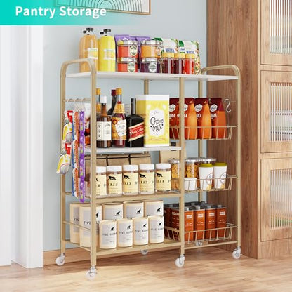 HapiRm Rolling Kitchen Microwave Cart - 4 Tier Microwave Table Stand with Pull-Out Baskets, Coffee Bar Baker's Rack with Wheels Rolling Storage Cart Organizer Shelf for Living Room Office, Balcony - color: Gold
