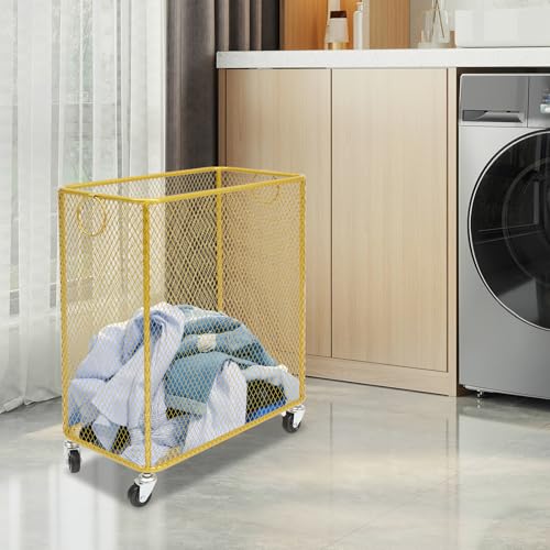 Metal Laundry Basket Cart, Rolling Laundry Hamper with Wheels, Freestanding Square Mobile Storage Cart, Raised Bottom, Round Handles, Hollow Mesh (Gold, 16.9x9x17.7in) - color: Gold, size: 16.9x9x17.7in