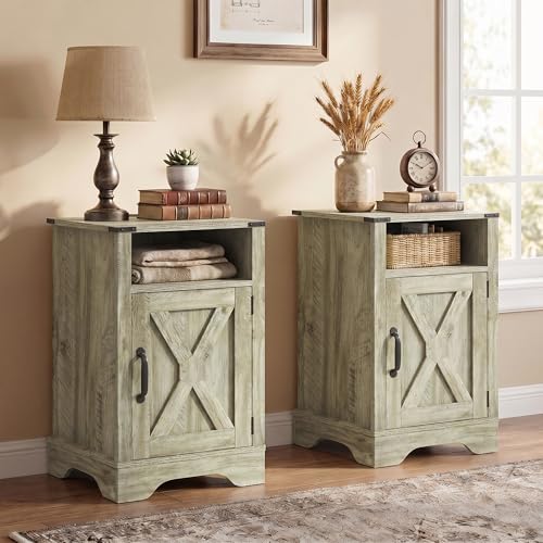 FansaFurn Farmhouse End Table Set of 2 with Charging Station for Bedroom | Light Grey Night Stand with Storage Cabinet and Shelf, Tall Bedside Table for Living Room - color: Light Grey, size: 16" D x 16" W x 25" H (Set of 2)