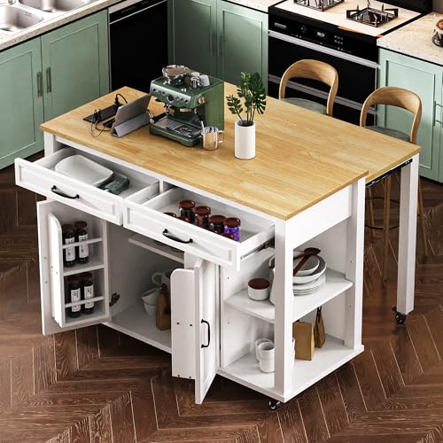 47 Extendable Countertop Coffee Station, Kitchen Storage Cabinets with Power Outlet, Kitchen Island Table with Rubber Wood Veneer for Kitchen use, White - color: White
