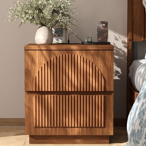 Fluted Nightstand with Charging Station, 2 Drawers, Walnut | Fluted nightstand with charging station, 2 drawers, arched fronts and a curved base - size: 1PCS