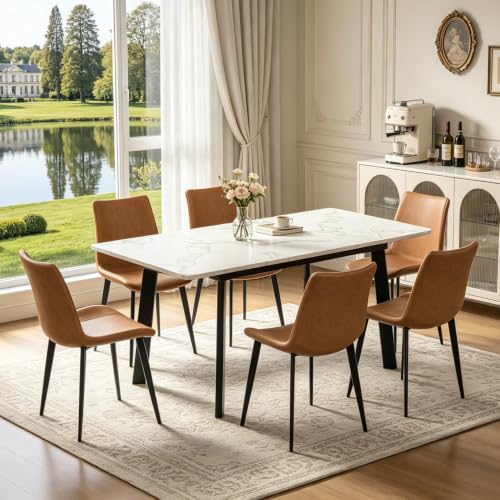 47.2"-63" Extendable Dining Room Table Set for 4-8 People, White | Removable Extension Leaf, Durable MDF Rectangle Tabletop, 6 Brown Sleek Faux Leather Chairs, Heavy Duty Modern Kitchen Table - color: 47.2'' - 63'' White Table+6 Brown Chairs