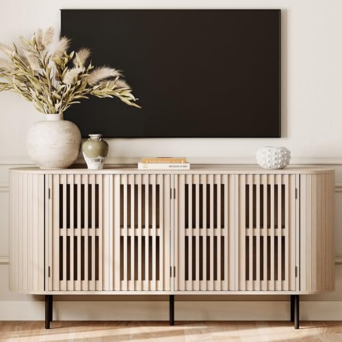 WAMPAT 64.4" Fluted TV Stand, Wood Entertainment Center for TVs Up to 70 inches, Curved Edge Media Console Table with Doors and Shelves for Living Room, Bedroom, Natural - color: Natural