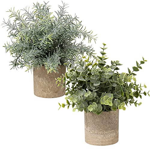 Briful Artificial Potted Plants Set of 2 Small Faux Plant Eucalyptus Mini Fake Plant Decor for Home Table Office Room Desk Bathroom Shelf Kitchen Rustic - color: 3-green