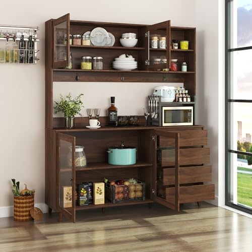 63" W Large Kitchen Hutch Cabinet, Freestanding Pantry Storage Cabinet with Hutch, 4 Doors 4 Drawers & Microwave Shelf, Buffet Sideboard Cupboard for Dining Room Kitchenette, Walnut - color: 05 Walnut