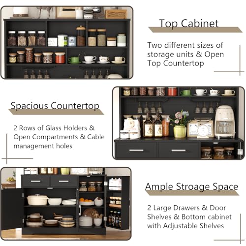 Tall Pantry Cabinet, Modern Kitchen Hutch with Microwave Stand, Kitchen Pantry Storage Cabinet with 2 Darwers & Door Shelf, Food Pantry with Goblet Holders & Adjustable Shelves for Dining Room, Black - color: Black-goblet Holders