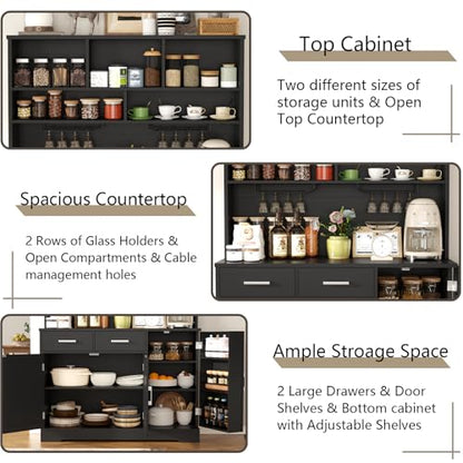 Tall Pantry Cabinet, Modern Kitchen Hutch with Microwave Stand, Kitchen Pantry Storage Cabinet with 2 Darwers & Door Shelf, Food Pantry with Goblet Holders & Adjustable Shelves for Dining Room, Black - color: Black-goblet Holders