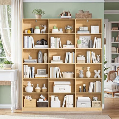 Triple Wide Bookshelf, 6 Tier Large Bookshelf, Natural Bookcase with 18 Open Display Shelves, 71.6'' Tall Book Case and Book Shelves for Living Room, Home Office, Library - color: Natural, size: Wide 59.1 Inch-1pc