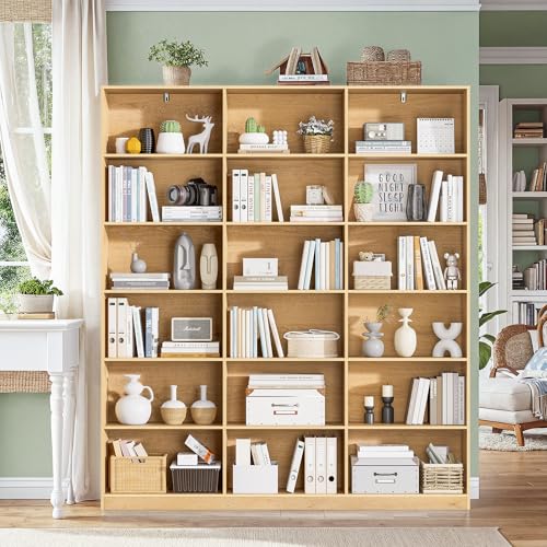 Natural Bookcase with Open Display Shelves, Large Triple Wide Bookshelf, 71.6” Tall 6 Tier Book Case for Living Room, Home Office, Library Bookshelf 2PCS - color: Natural, size: Wide 59.1 Inch-2pc