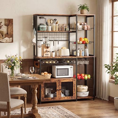 IRONCK Bakers Rack with Power Outlet, 45.5" W Kitchen Racks and Shelves | Chic Rustic Wood & Iron Frame. Ultimate Space Saver for Small Apartment Kitchens, Dining Beverage Bars, and Coffee Corners