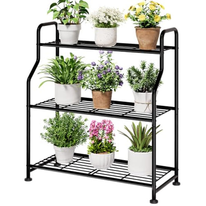 Kitsure 3-Tier Plant Stand Indoor & Outdoor, 27" x 11.4" x 29.3", Black | Metal Plant Shelf with Adjustable Leveling Feet, Easy to Assemble Planter Stand for Patio, Balcony, or Garden, Plant Shelves - size: 27" x 11.4" x 29.3"