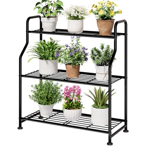 Kitsure 3-Tier Plant Stand Indoor & Outdoor, 27" x 11.4" x 29.3", Black | Metal Plant Shelf with Adjustable Leveling Feet, Easy to Assemble Planter Stand for Patio, Balcony, or Garden, Plant Shelves - size: 27" x 11.4" x 29.3"