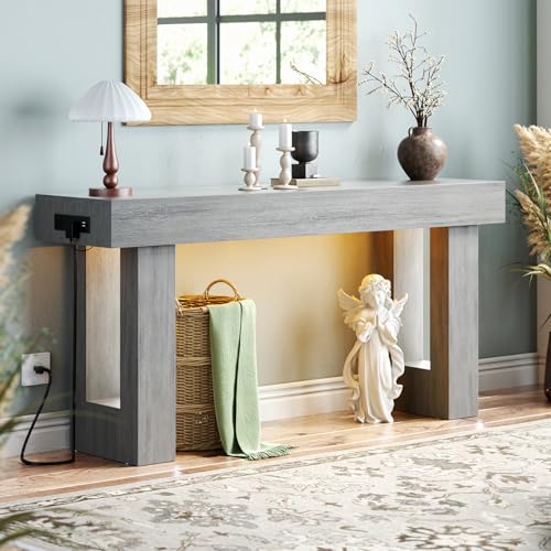 Unikito 63'' Farmhouse Entry Table with Outlets and Sensor Light | Wooden Foyer Table with Storage, Narrow Sofa Table Behind the Couch, Versatile Console Table for Entryway/Living Room - color: White Oak, size: 63IN