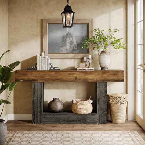 Tribesigns 63-Inch Long Console Table, 2-Tier Entryway Table Sofa Table with Storage, Farmhouse Wood Behind Couch Tables for Living Room, Hallway, Rustic Brown & Gray - color: Rustic Brown & Gray